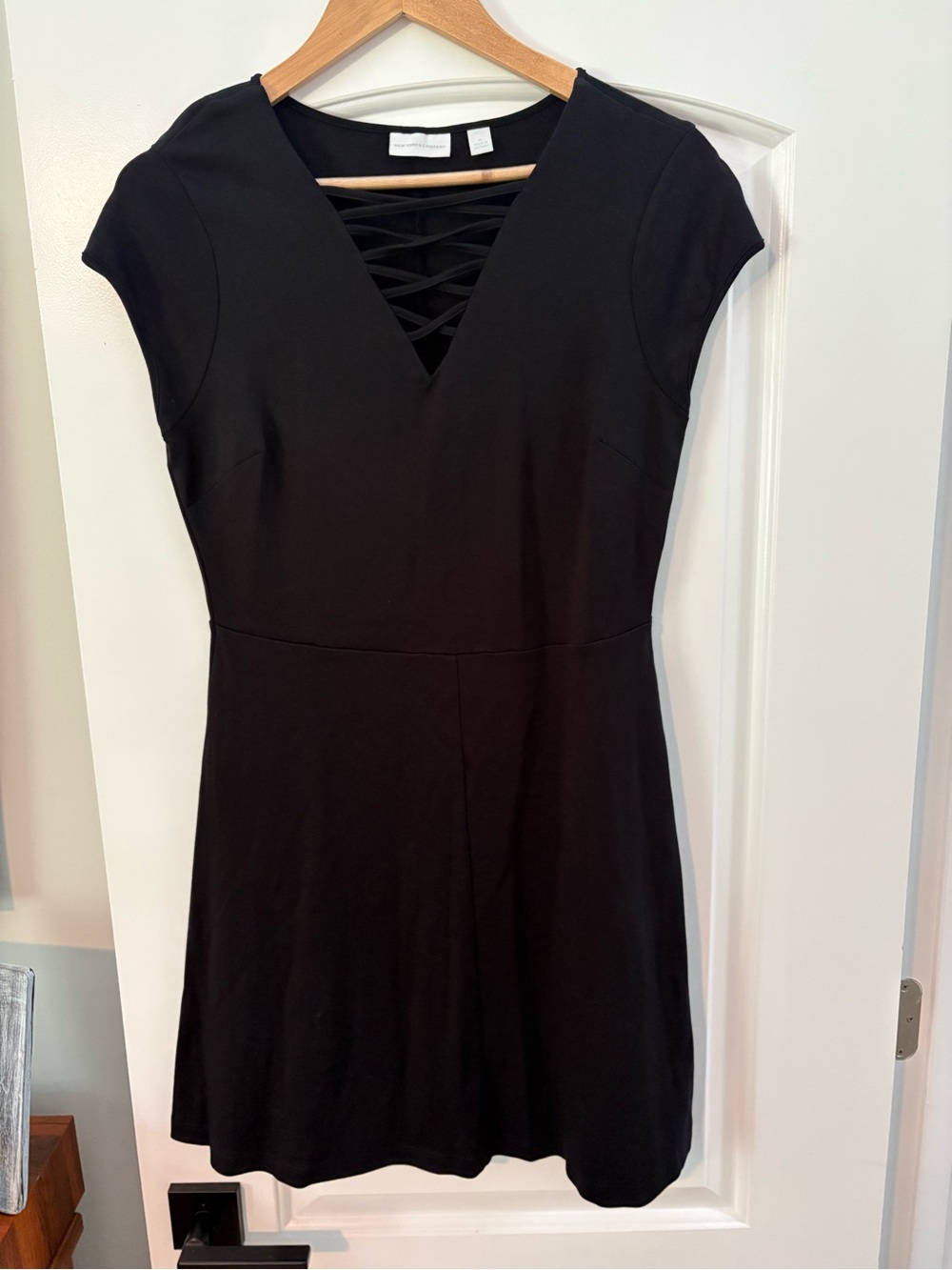 New York & Company Black V-Neck Lace-Up Mini Dress